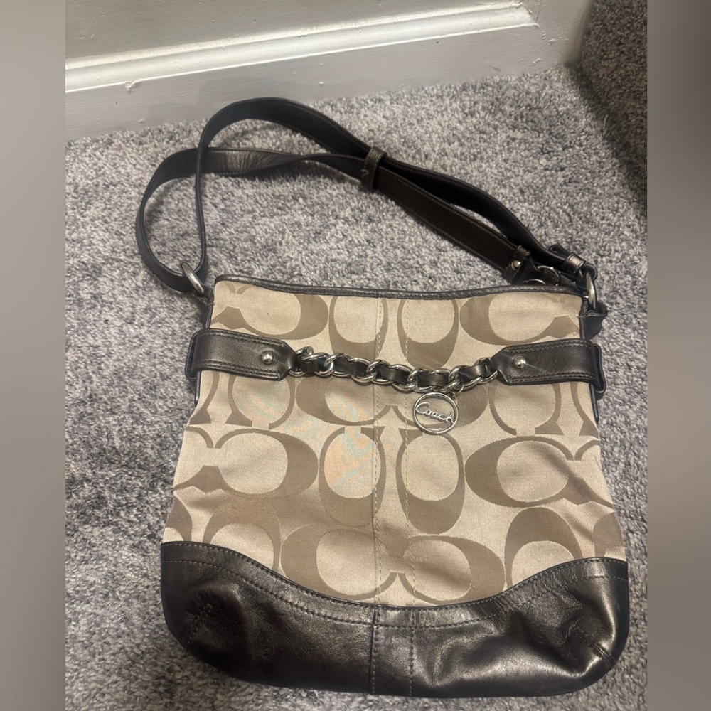 Coach Signature Jacquard Brown Leather Chain Shoulder Bag F10730